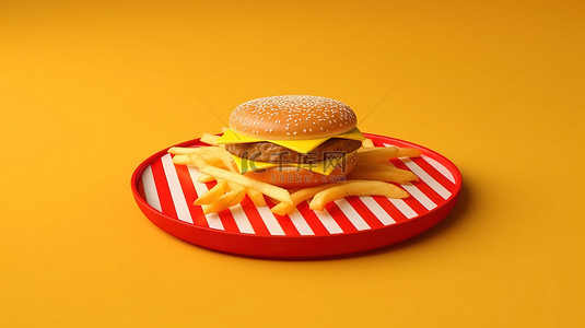 美味的汉堡和金色薯条在充满活力的黄色 3D 渲染