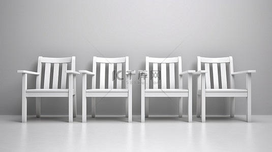 白色超现实 3D 渲染中的一排木椅