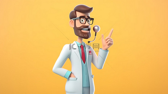 医生插图背景图片_医生通过举起手指提供建议 3d 卡通风格插图与语音气泡