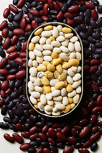 一张小尺寸的白色照片，其中包含精选的不同类型的豆子