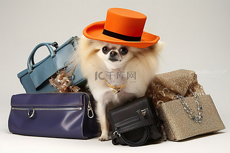 拎包向上背景图片_一只戴着结婚帽拎着几个袋子的小狗