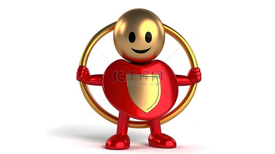 红色奖杯背景图片_吉祥物角色的 3D 渲染，带有金奖奖杯和红色盾牌，用于白色背景的保护
