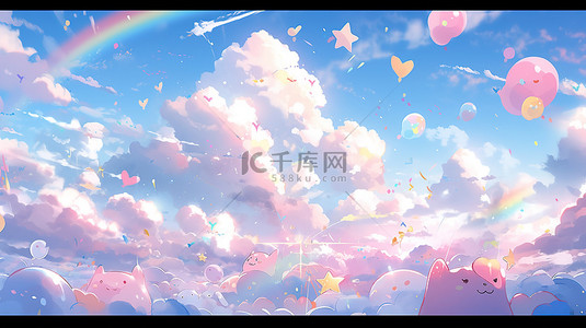 柔和的彩虹天空与云气泡和星星在 3d 渲染壁纸