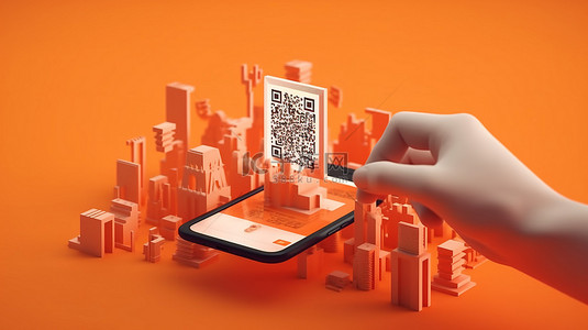 在橙色背景横幅的 3D 渲染中从智能手机中手动选择票