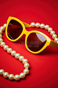 红色背景上孤立的太阳镜和珍珠项链