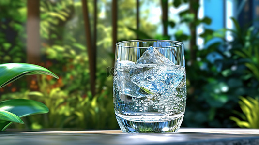 在热带环境中渲染的带有冰块 3d 的清爽纯净水