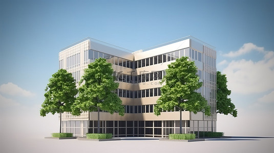 多层办公楼的建筑结构，有 2 棵树 3D 插图