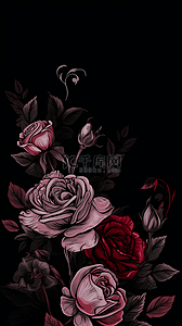 叶子和花背景背景图片_玫瑰花卉植物复古风格卡通背景