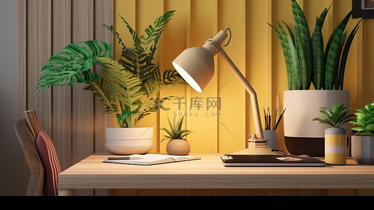 重要场所背景图片_现代家庭办公室室内植物笔记本电脑和台灯的 3D 渲染