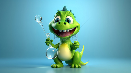霸王龙可爱背景图片_手拿玻璃水滴的幽默 3D 恐龙卡通
