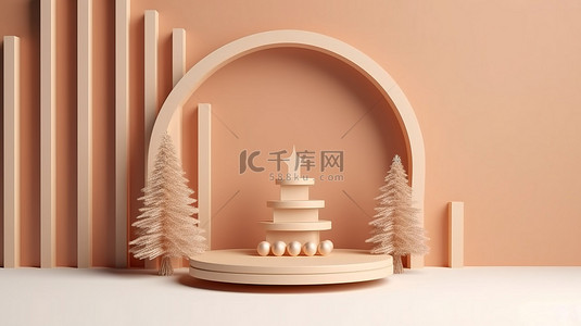 几何冬季背景图片_圣诞木制讲台背景上几何形状松树和礼品盒的 3D 插图