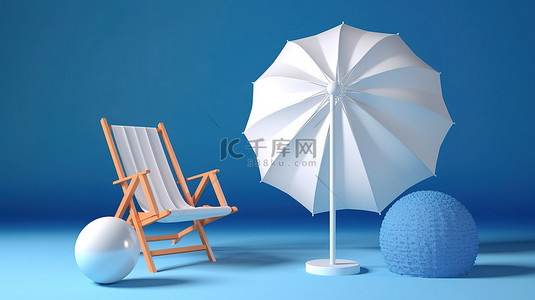 蓝色海滩必需品 3d 渲染的躺椅伞救生圈和白色背景上的沙滩球