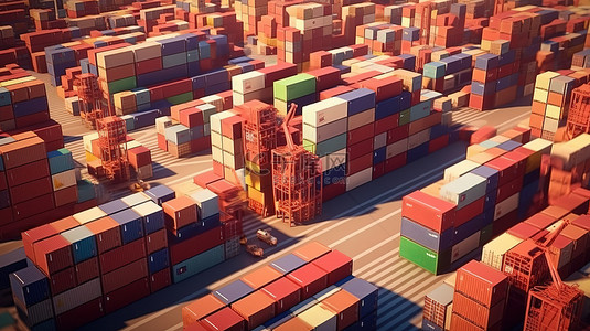 物流车背景图片_码头集装箱空中 3D 渲染物流和运输货物