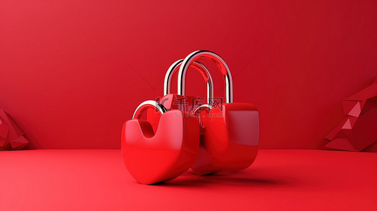 两个心形挂锁在鲜红色背景上相连的时尚 3D 描绘