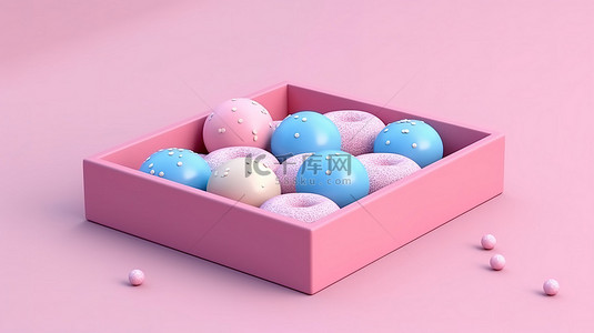 甜点粉色背景图片_等距粉色和蓝色空间中简约甜甜圈的时尚 3D 渲染