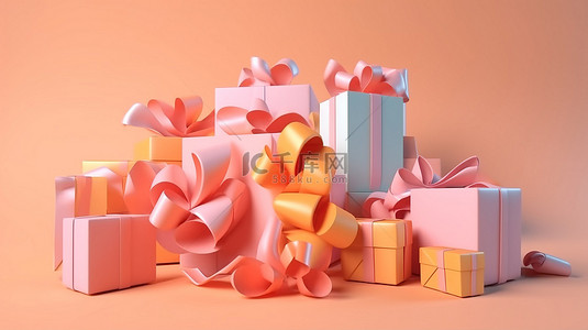 卡通禮品盒背景图片_现代节日礼品盒，盖子闭合，彩带和蝴蝶结呈淡橙色 3d 渲染卡通图像