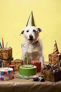 张大嘴笑隐患背景图片_一只戴着派对帽的白狗坐在一张大生日蛋糕桌和几件礼物下