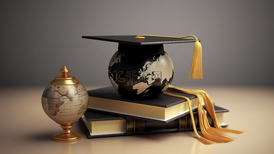 毕业帽地球文凭和书籍的 3D 渲染，背景简单，非常适合您的邀请