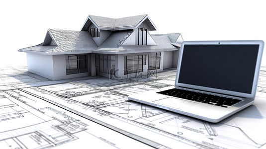 用铅笔笔记本电脑和白色背景蓝图对住房项目计划进行 3D 渲染