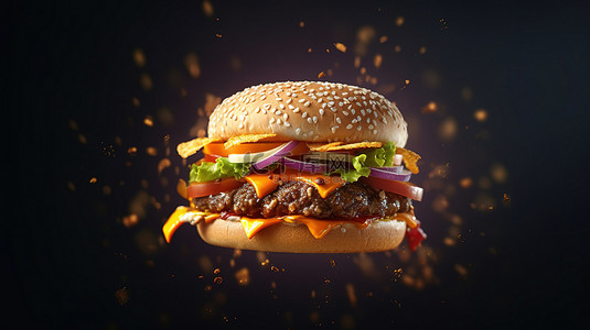 芝士焗饭背景图片_没有填充物的飞行汉堡包的 3d 渲染