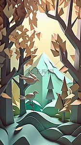 冷色调卡通背景图片_森林石头山川折纸风格背景