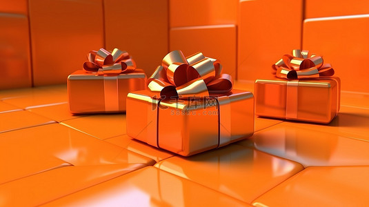 橙色样机背景图片_3D 渲染橙色礼物，具有个性化空间