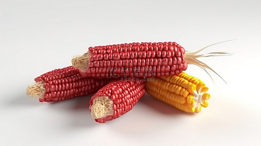 白色背景上 3D 渲染纯红色设计的健康街头玉米图标