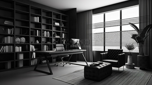 时尚的家庭办公室内部采用黑色和灰色配色方案，非常适合现代专业人士 3D 渲染
