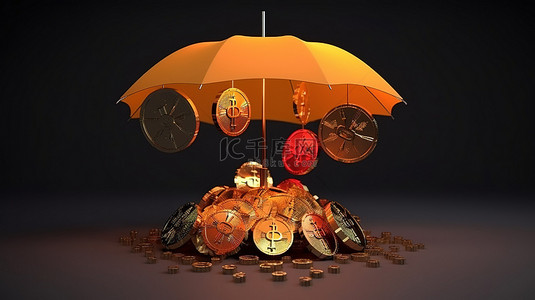 照顾自己背景图片_保护自己免受莱特币倾盆大雨的影响 3D 插图保护伞抵御加密货币冰雹