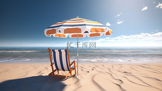 夏日幸福宁静的海滩和大海中条纹遮阳伞和沙滩椅的 3D 插图