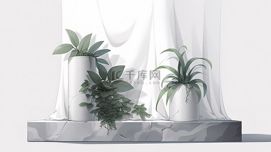 有根的植物背景图片_一组 3d 渲染的灰色石头讲台，白色背景上有窗帘和植物