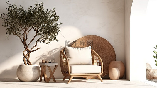 米背景图片_空墙波西米亚客厅模型，配有扶手椅和橄榄树 3D 渲染插图
