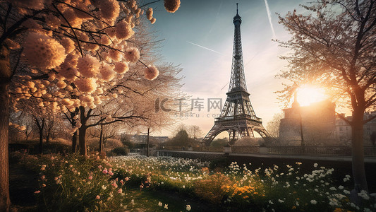 春天的背景图背景图片_埃菲尔铁塔春天地标背景