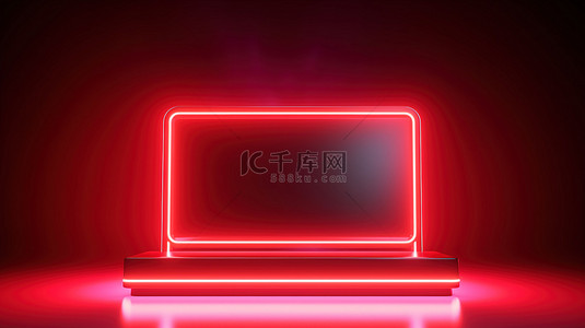 带有空讲台和丝带的霓虹红色矩形光谱光显示的 3D 渲染