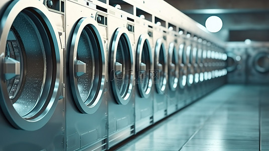 公共洗衣房现代工业洗衣机的特写 3D 渲染