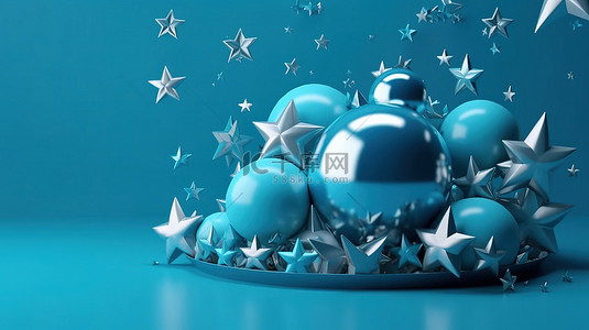 银色星星和装饰品悬浮在 3D 蓝色节日海报设计上