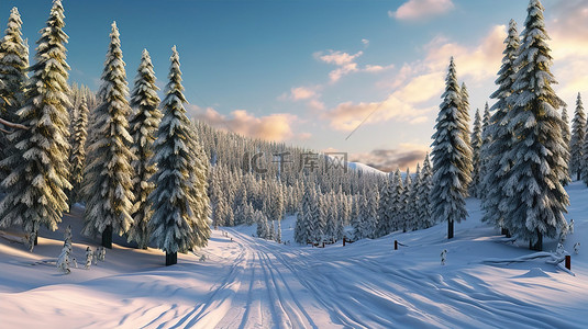 下雪天的车背景图片_3D 艺术作品中日落期间云杉林中令人惊叹的滑雪场