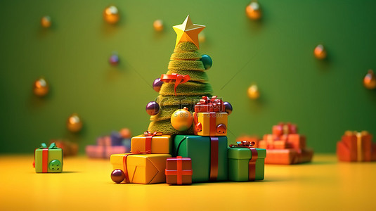 卡通金色背景背景图片_圣诞树的 3D 插图和礼物节日快乐