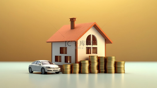 富裕的生活方式汽车和房子与一堆硬币强调保险概念3D渲染