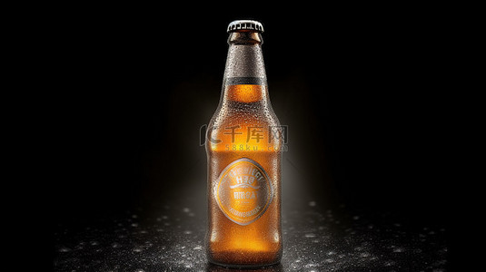 光滑的黑色 3D 渲染上带有霜滴和雾的冰镇啤酒瓶