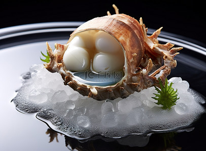 一只螃蟹，上面有一个鸡蛋，旁边有一些冰和冰水