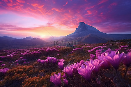紫色天空下的粉红色花朵，背景是一座山