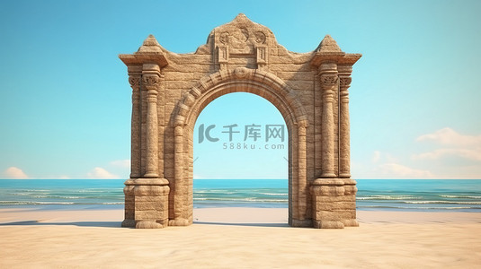 木制城堡背景图片_沙质海洋或海滩海岸线上有拱门的中世纪木制城堡门的 3D 渲染