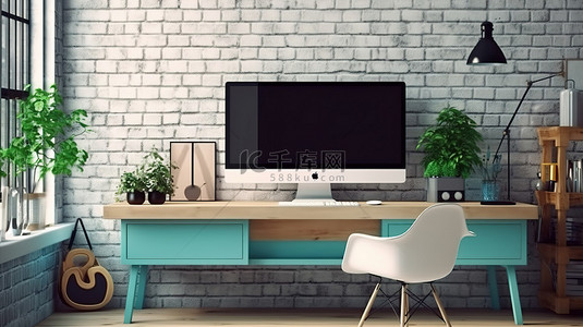 时尚工作区阁楼风格蓝色办公桌，带模型监视器 3D 渲染