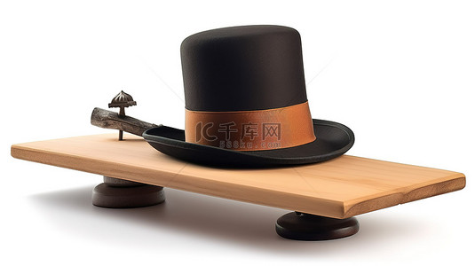 不平衡的 3d 板位于白色背景上隔离的木制高顶帽子上
