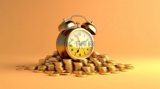 一堆金币，旁边是一个 3D 渲染的闹钟，发出发薪日的信号