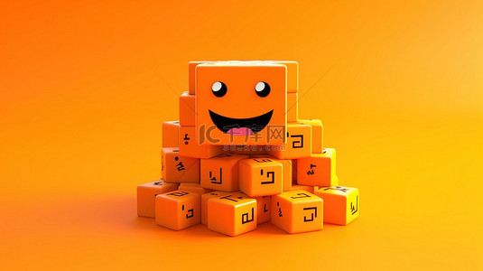 微笑表情背景图片_3D 渲染橙色背景，带有新年快乐字母和微笑的立方体表情符号