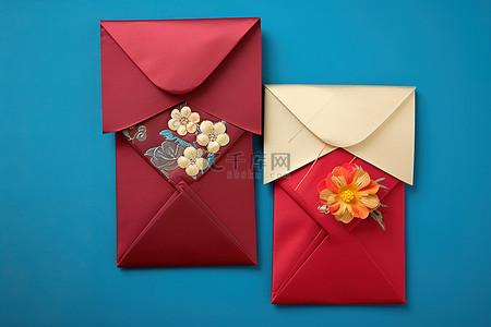 蓝色背景传统背景图片_蓝色背景上的两个红色信封，上面有一朵花或一朵花