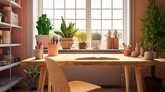 家庭办公室工艺桌，有足够的空间放置绘画工具绿化和白色空间 3D 渲染