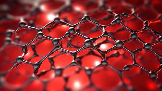 技术红色背景图片_3D渲染红色石墨烯分子纳米结构技术